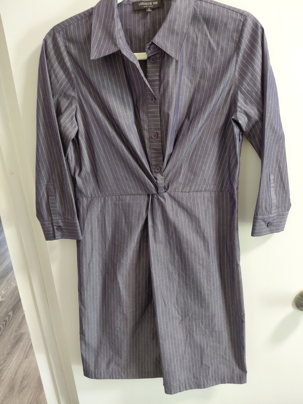 Lafayette 148 New York Gray Pinstripe Collared Shirt Dress
